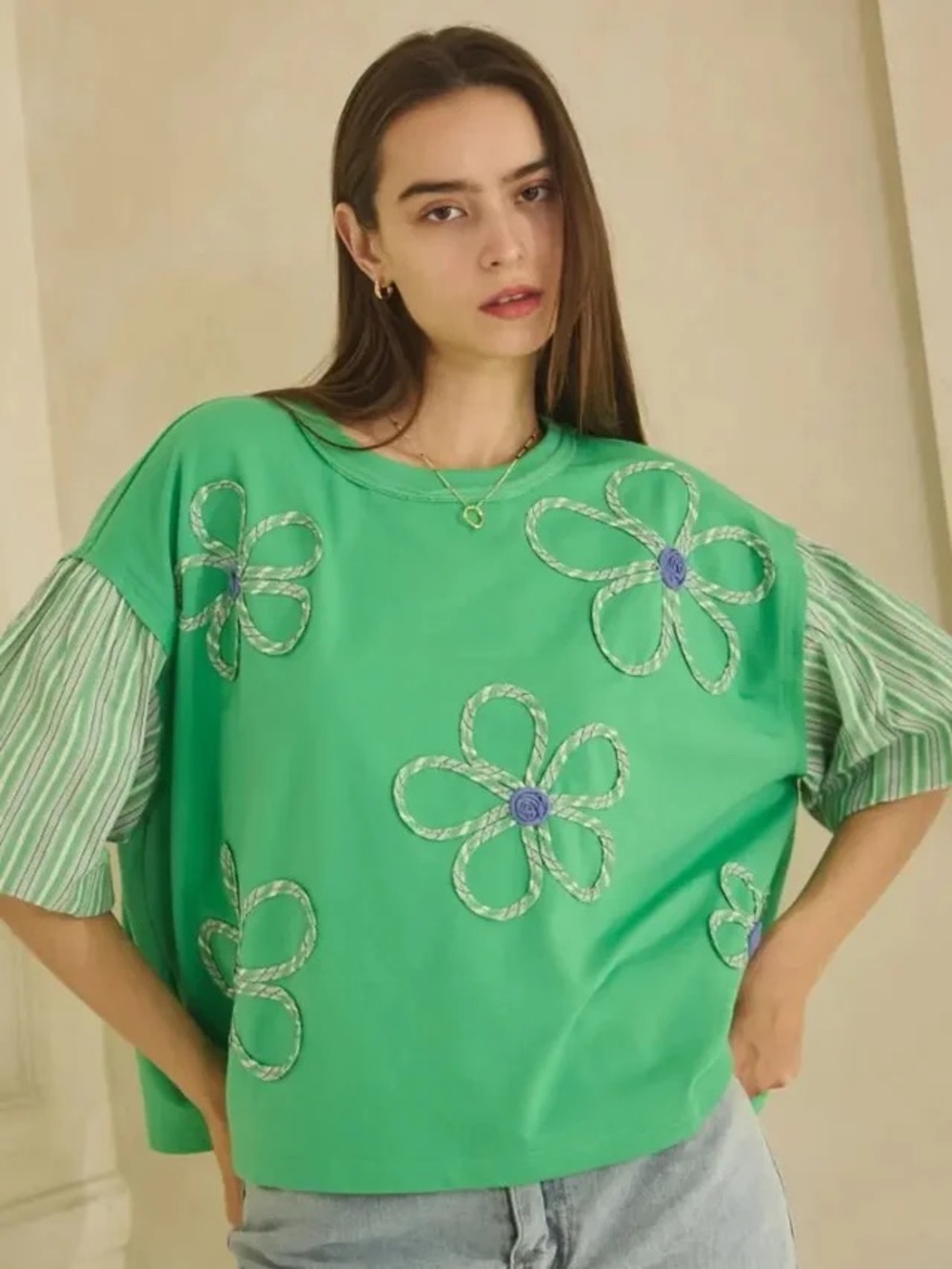 NWOT ODDY Green Floral Appliqué Women’s Top $45